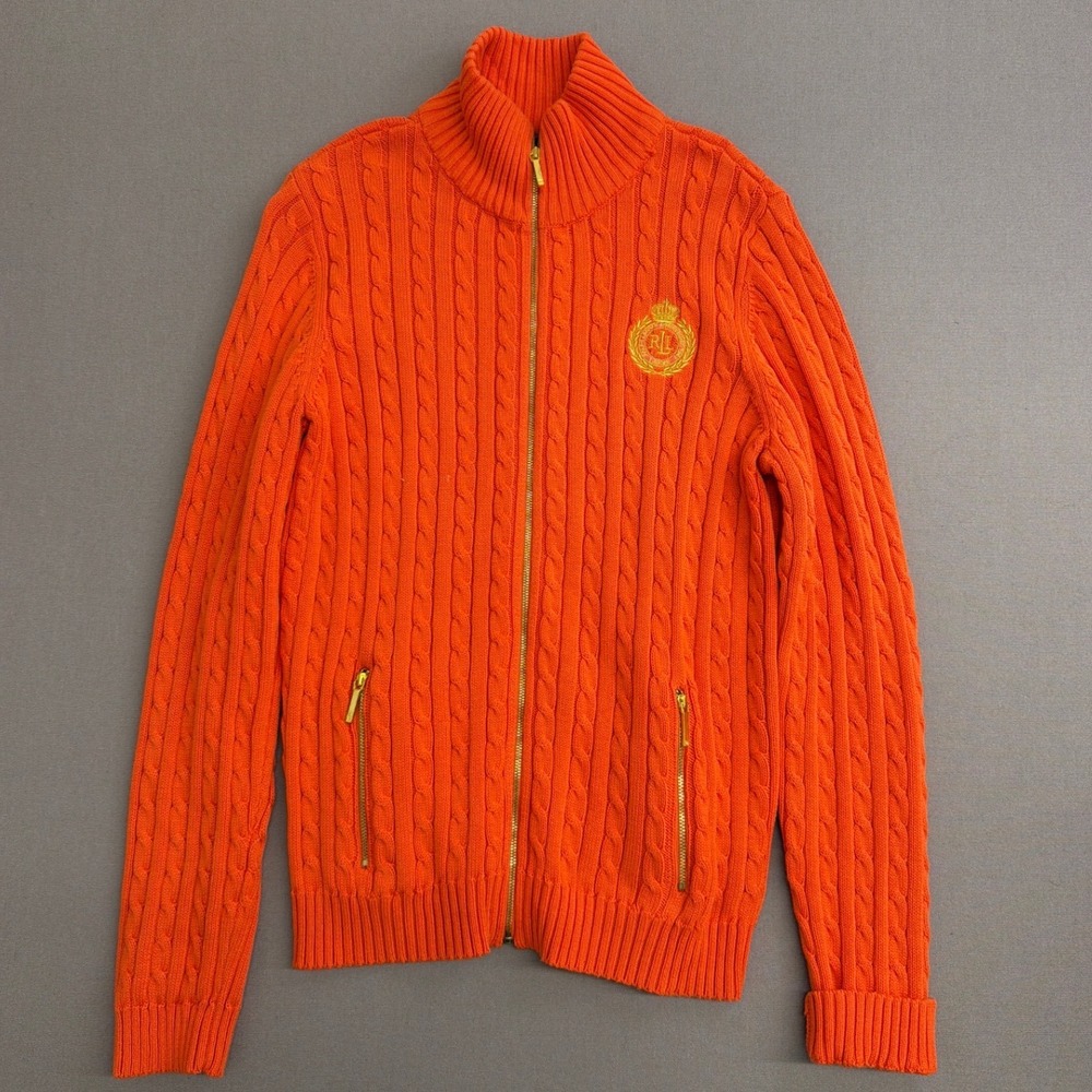 Lauren Ralph Lauren Orange Cable Knit Full‎ Zip Crest Sweater Cardigan Womens L